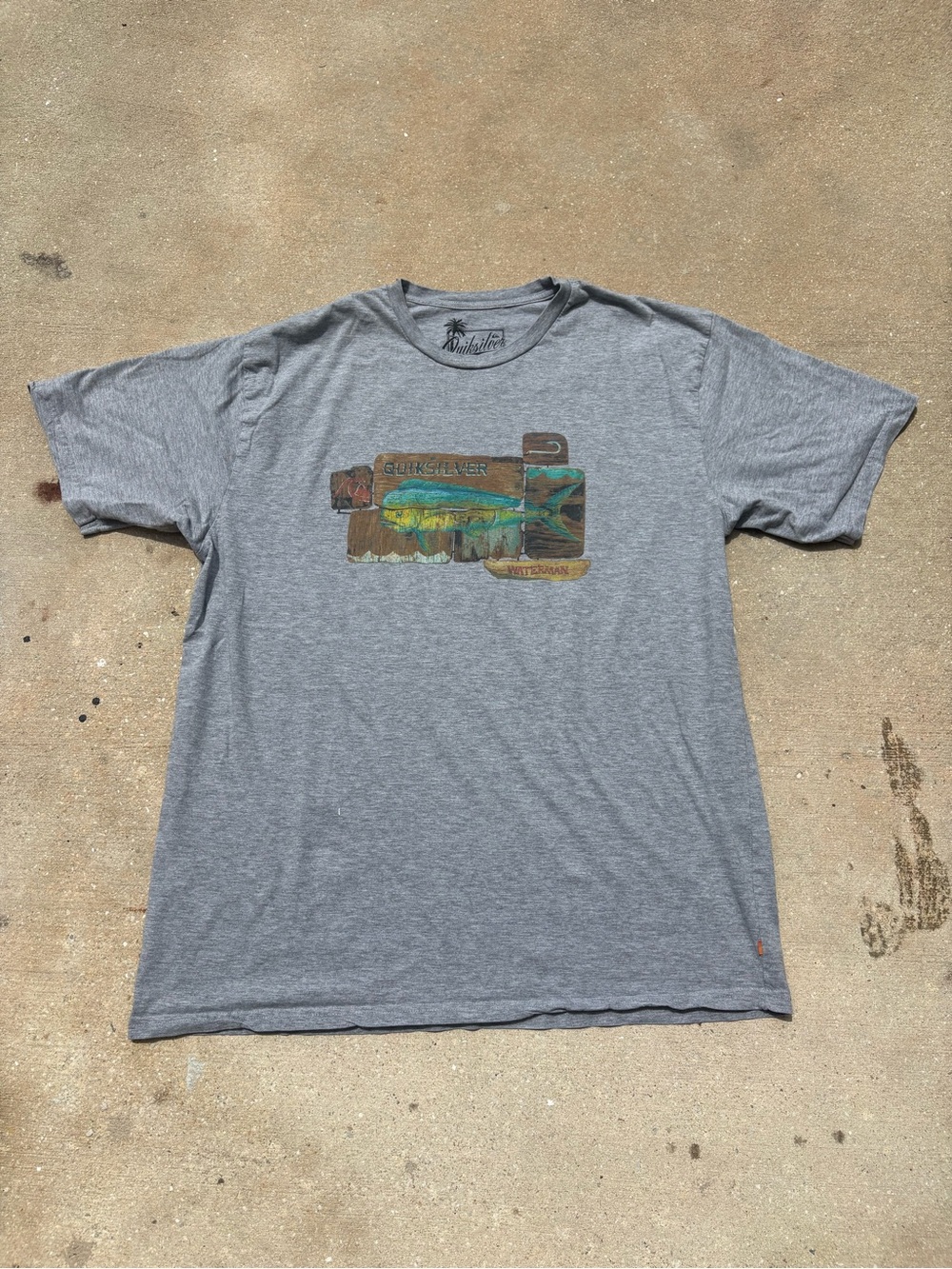 Quiksilver Waterman Men’s Gray Fish Graphic Logo Crew Neck T-Shirt Size XXL